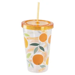 Becher mit Spiral-Trinkhalm, Orangen, 600 ml