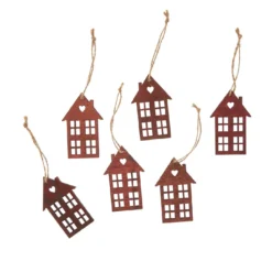 6er Set Anhänger Holz, Haus, dunkelbraun