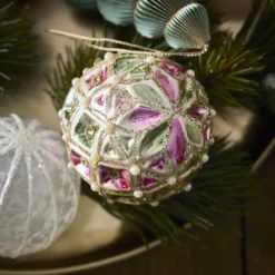 Kugel Harlekin/Perlen, rosa/grün, 8 cm