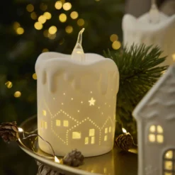 LED-Kerze Keramik, Haus, 14 cm