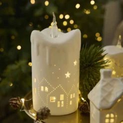 LED-Kerze Keramik, Haus, 18 cm