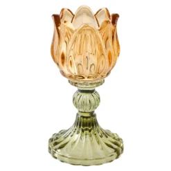 Teelichthalter Blume, orange/dunkelgrün, 7.5 x 14 cm