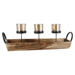 Teelichthalter-Trio auf Holztablett, 48 cm